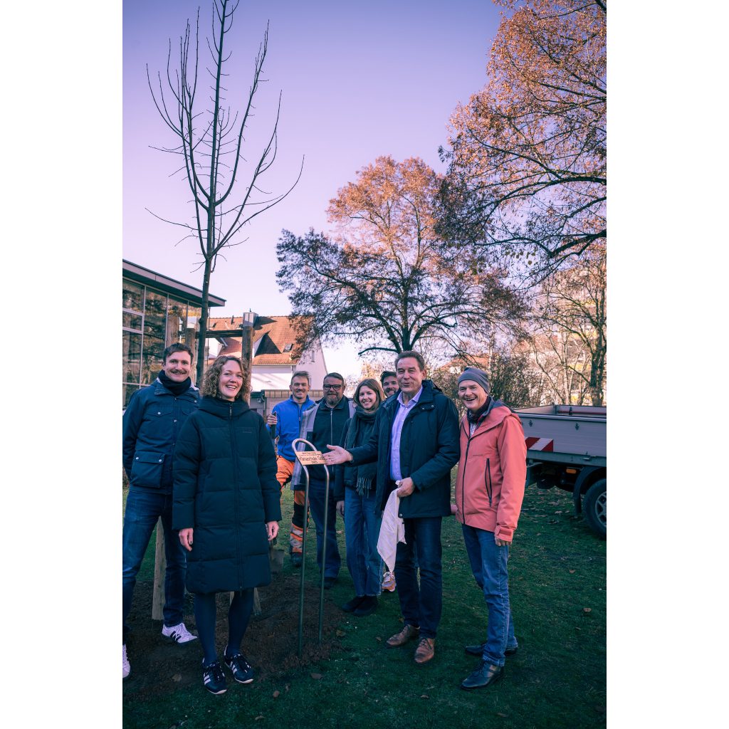 Gruppe steht vor neu gepflanzten Baum